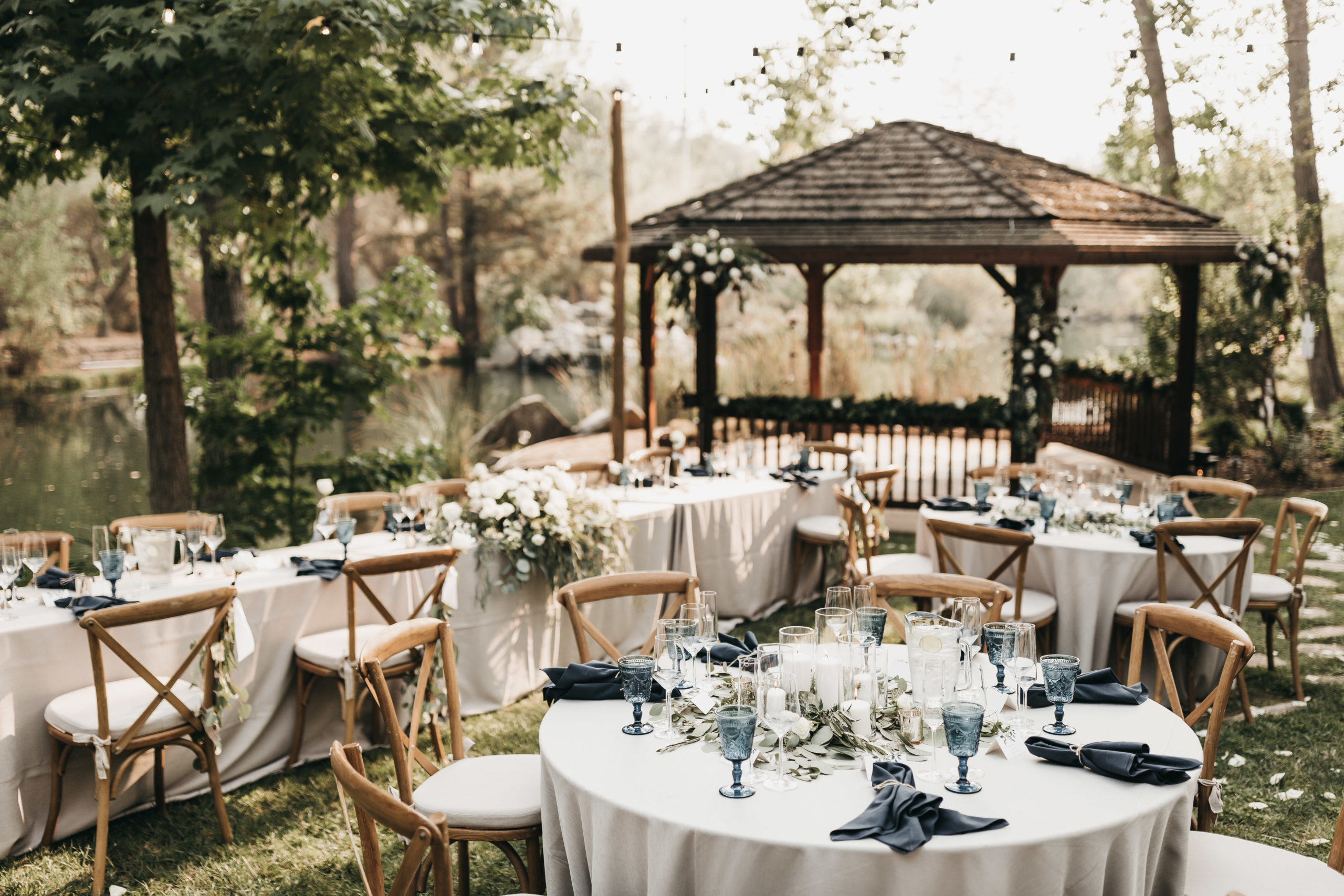 wedding reception in front of pond